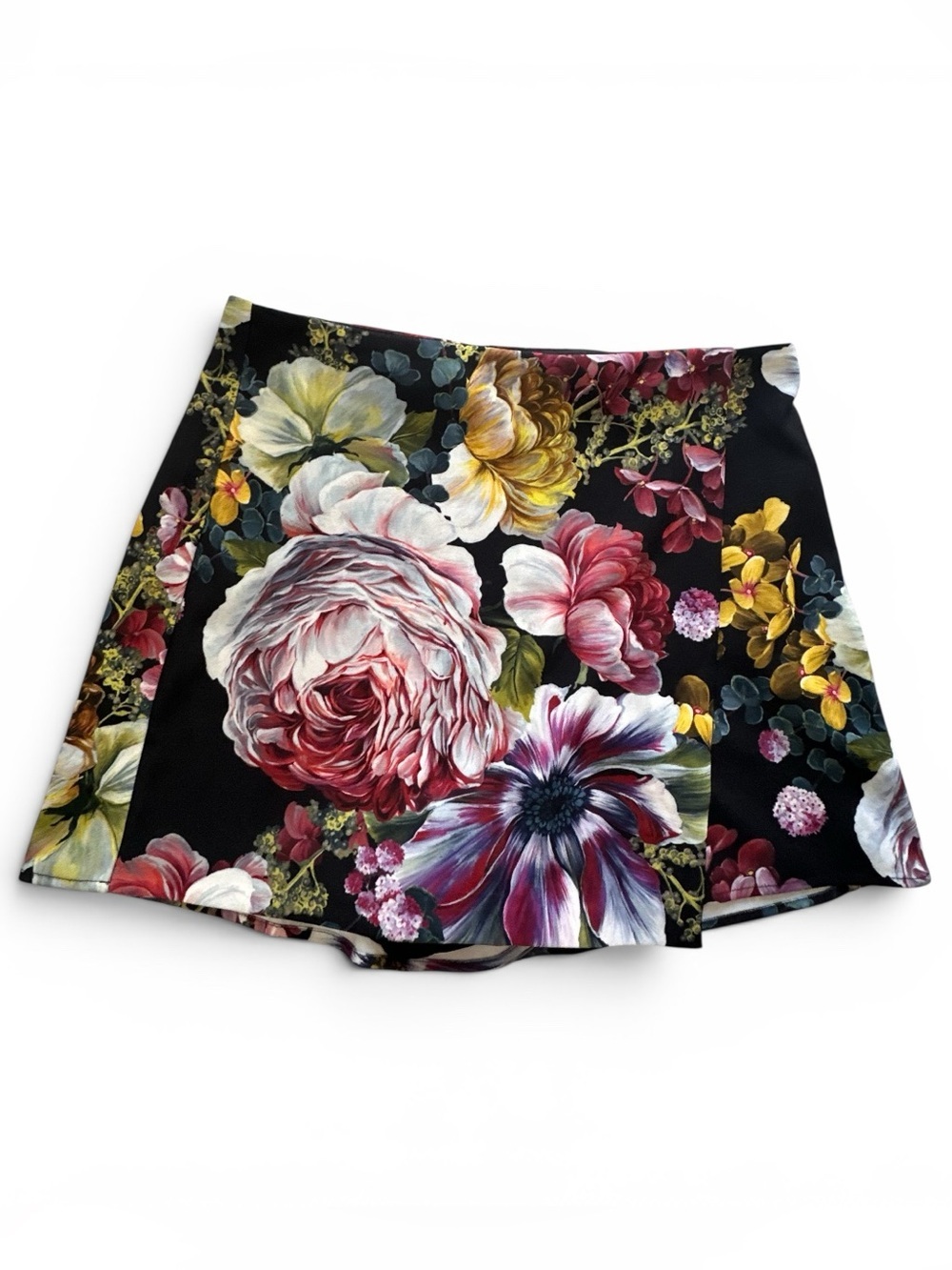 Floral Print Mini Skirt in Black with Multicolor Blooms